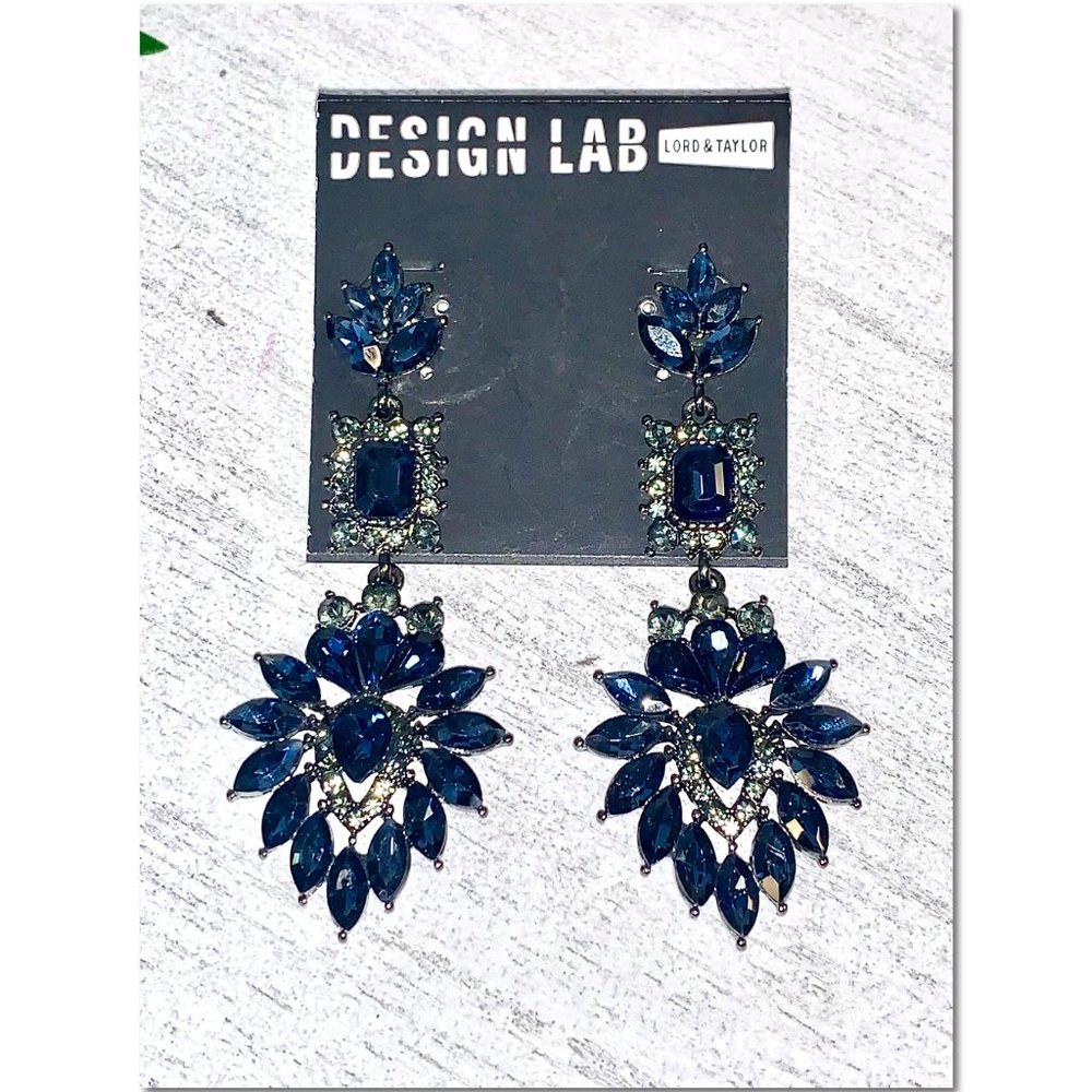 Design Lab Lord & Taylor Midnight Blue Crystal Cluster Dangle Earrings NWT